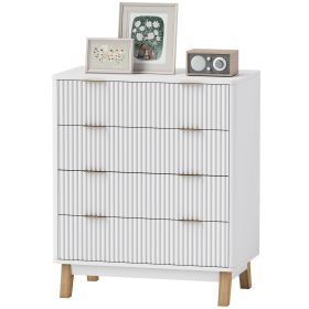 HOMCOM 4 Drawer Double Dresser for Bedroom, Fluted Chest of Drawers with Gold Finger Pulls and 4 Wood Legs, White