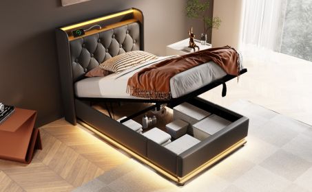 Twin size Upholstered bed, 360 surround LED function, Buttons/Apps/Remote Control, hydraulic storage bed with USB Type-C charging, Black