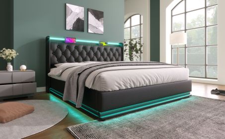 Queen size Upholstered bed, 360 surround LED function, Buttons/Apps/Remote Control, hydraulic storage bed with USB Type-C charging, Black