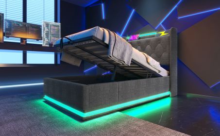 Twin size Upholstered bed, 360 surround LED function, Buttons/Apps/Remote Control, hydraulic storage bed with USB Type-C charging, Gray