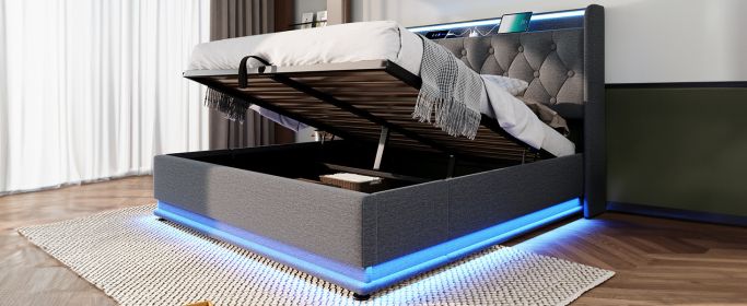 Full size Upholstered bed, 360 surround LED function, Buttons/Apps/Remote Control, hydraulic storage bed with USB Type-C charging, Gray