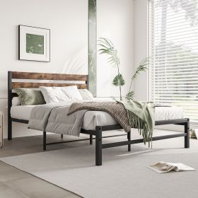 Full Size Platform Bed Frame with Rustic Vintage Wood Headboard, Strong Metal Slats Support Mattress Foundation, No Box Spring Needed Rustic Brow