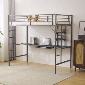 Twin Size Metal Loft Bed with Desk and Storage Shelves, 2 Built-in Ladders & Full-Length Guardrails, Loft Bed Frame for Teens Juniors Adults (Color: as picture)