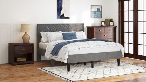 Queen Size Bed Frame with Storage Headboard, Metal Platform Bed No Noise, Mattress Foundation Strong Metal Slats Support No Box Spring Needed (Color: as Pic)